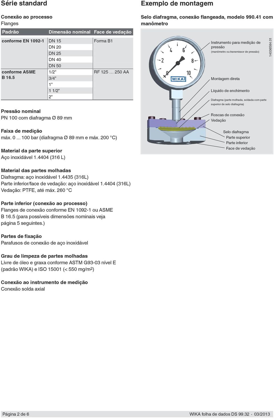 5 1/2" RF 125 250 AA 3/4" 1" 1 1/2" 2" Instrumento para medição de pressão (manômetro ou transmissor de pressão) Montagem direta Líquido de enchimento Diafragma (parte molhada, soldada com parte