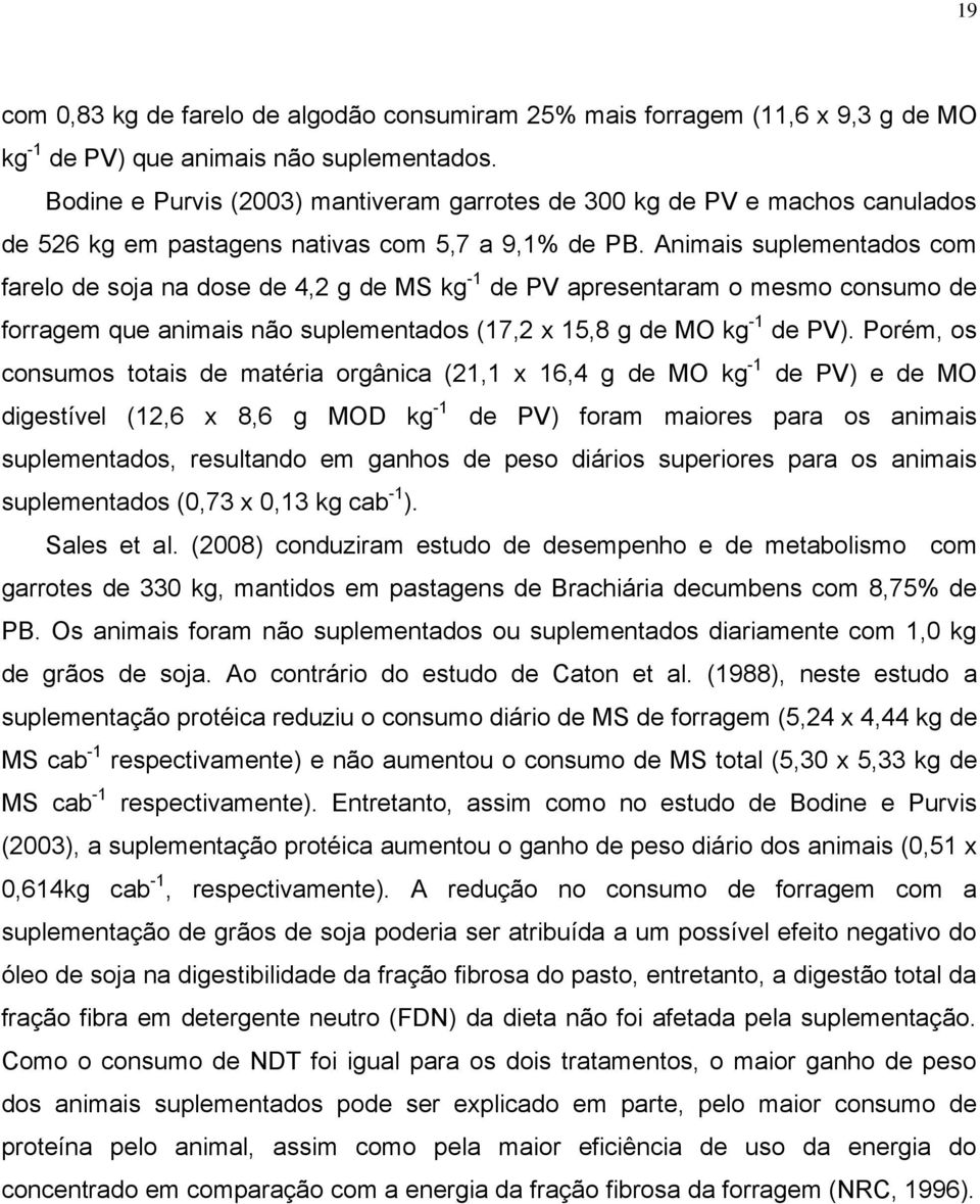 Animais suplementados com farelo de soja na dose de 4,2 g de MS kg -1 de PV apresentaram o mesmo consumo de forragem que animais não suplementados (17,2 x 15,8 g de MO kg -1 de PV).