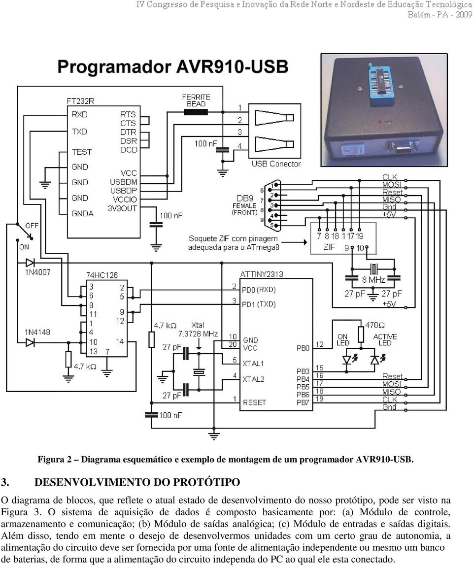 O sistema de aquisição de dados é composto basicamente por: (a) Módulo de controle, armazenamento e comunicação; (b) Módulo de saídas analógica; (c) Módulo de entradas e saídas