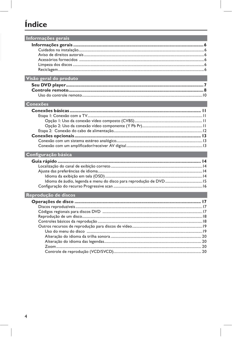 ..11 Opção 1: Uso da conexão vídeo composto (CVBS)...11 Opção 2: Uso da conexão vídeo componente (Y Pb Pr)...11 Etapa 2: Conexão do cabo de alimentação...12 Conexões opcionais.