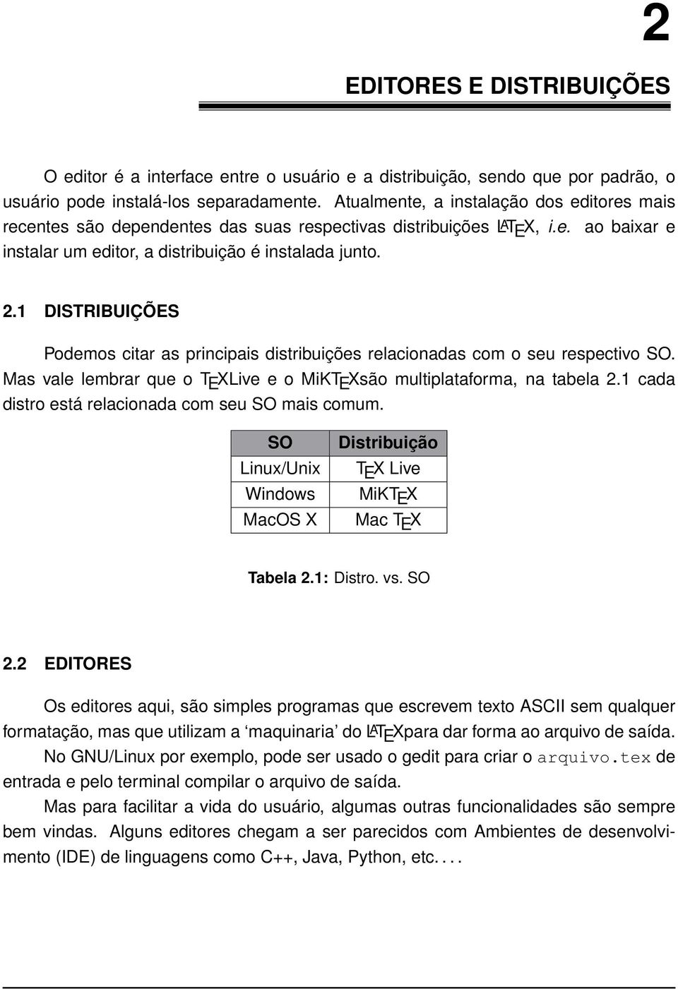 1 DISTRIBUIÇÕES Podemos citar as principais distribuições relacionadas com o seu respectivo SO. Mas vale lembrar que o T E XLive e o MiKT E Xsão multiplataforma, na tabela 2.