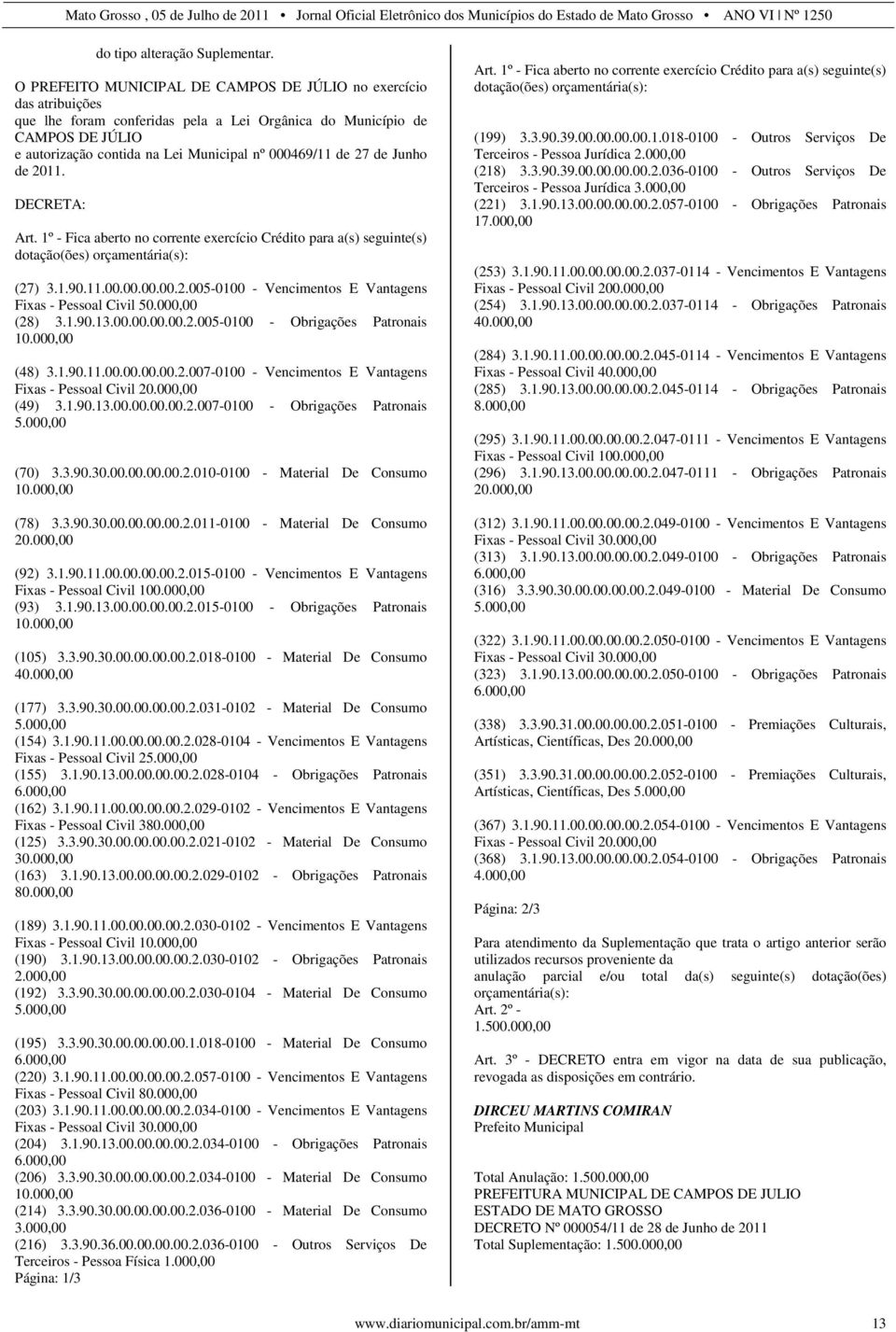 de 27 de Junho de 2011. DECRETA: Art. 1º - Fica aberto no corrente exercício Crédito para a(s) seguinte(s) dotação(ões) orçamentária(s): (27) 3.1.90.11.00.00.00.00.2.005-0100 - Vencimentos E Vantagens Fixas - Pessoal Civil 50.