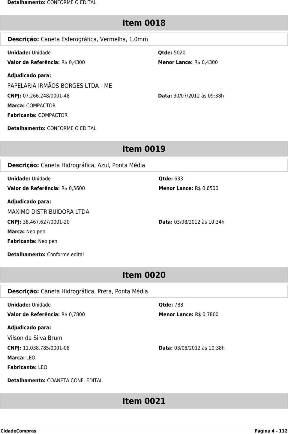 Menor Lance: R$ 0,6500 MAXIMO DISTRIBUIDORA LTDA CNPJ: 38.467.