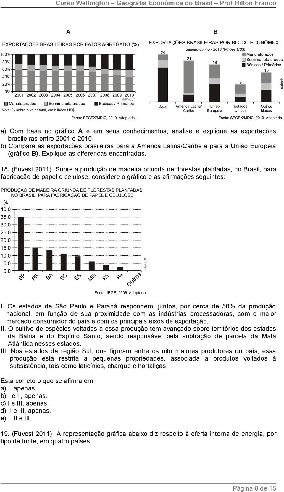 (Fuvest 2011) Sobre a produção de madeira oriunda de florestas plantadas, no Brasil, para fabricação de papel e celulose, considere o gráfico e as afirmações seguintes: I.