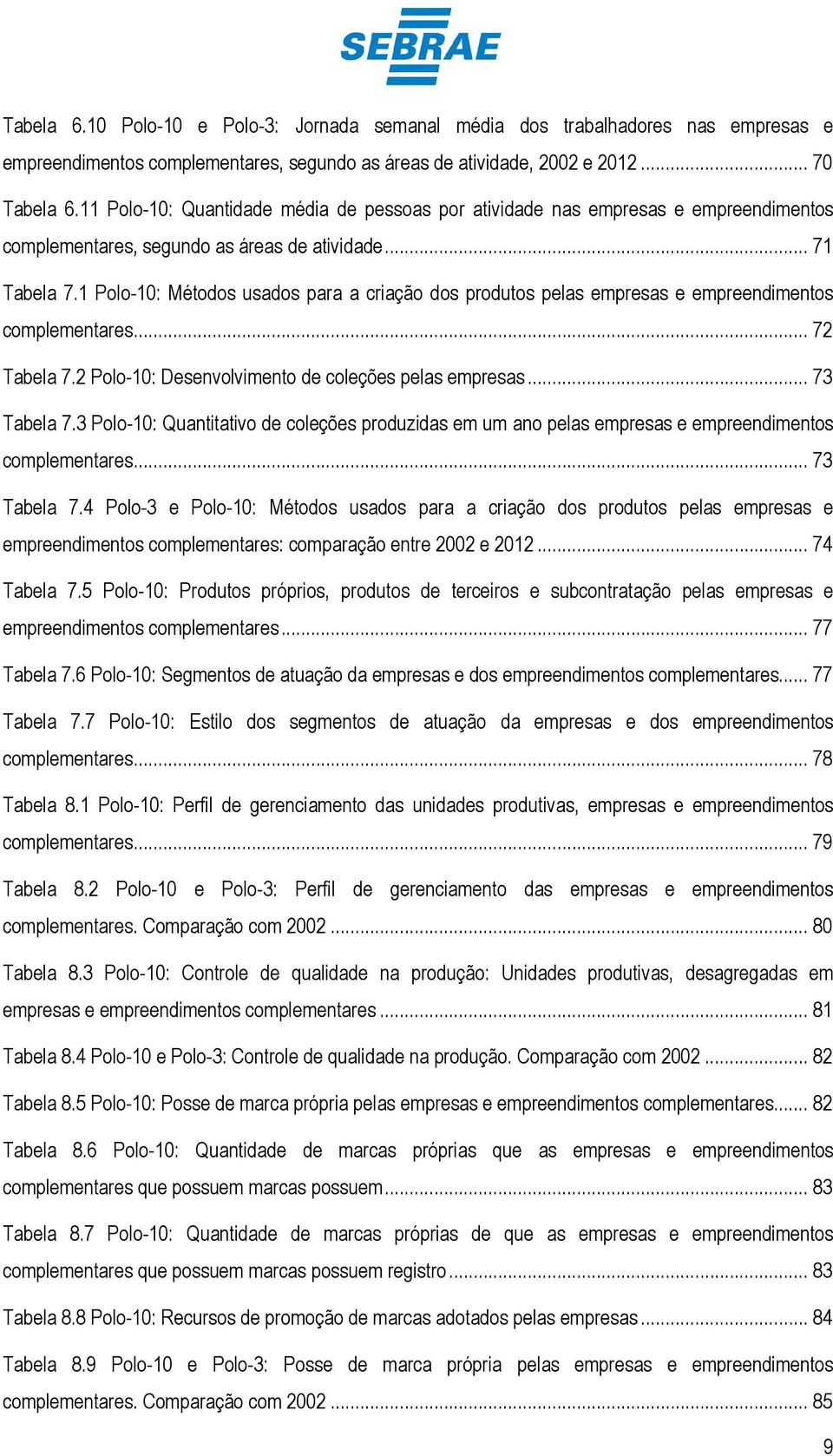 1 Polo-10: Métodos usados para a criação dos produtos pelas empresas e empreendimentos complementares... 72 Tabela 7.2 Polo-10: Desenvolvimento de coleções pelas empresas... 73 Tabela 7.