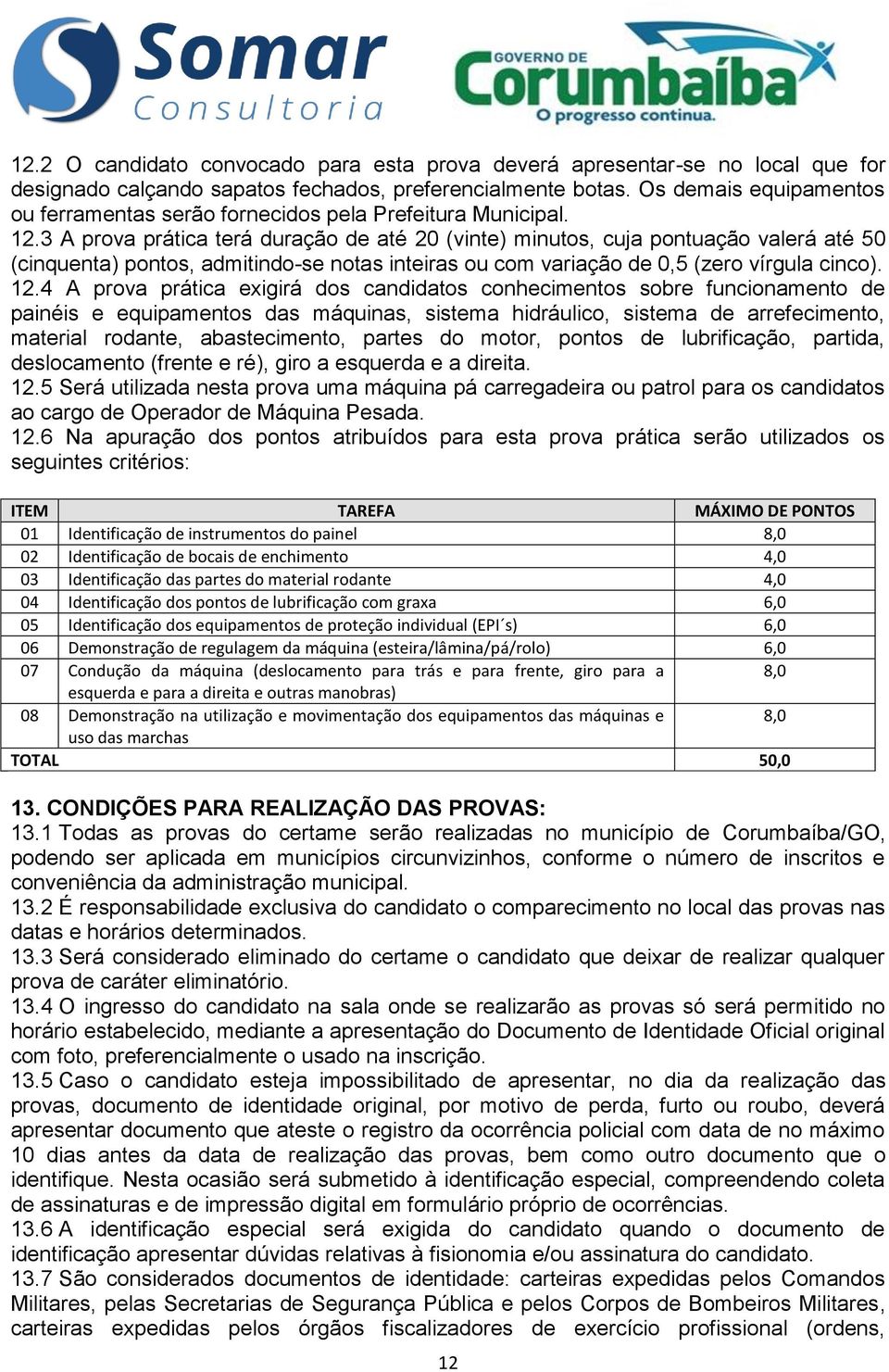 3 A prova prática terá duração de até 20 (vinte) minutos, cuja pontuação valerá até 50 (cinquenta) pontos, admitindo-se notas inteiras ou com variação de 0,5 (zero vírgula cinco). 12.