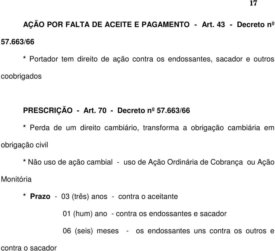 663/66 * Perda de um direito cambiário, transforma a obrigação cambiária em obrigação civil * Não uso de ação cambial - uso de Ação