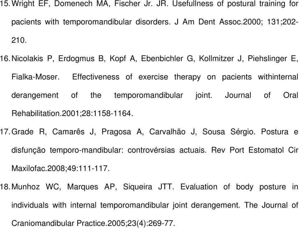 Journal of Oral Rehabilitation.2001;28:1158-1164. 17. Grade R, Camarês J, Pragosa A, Carvalhão J, Sousa Sérgio. Postura e disfunção temporo-mandibular: controvérsias actuais.