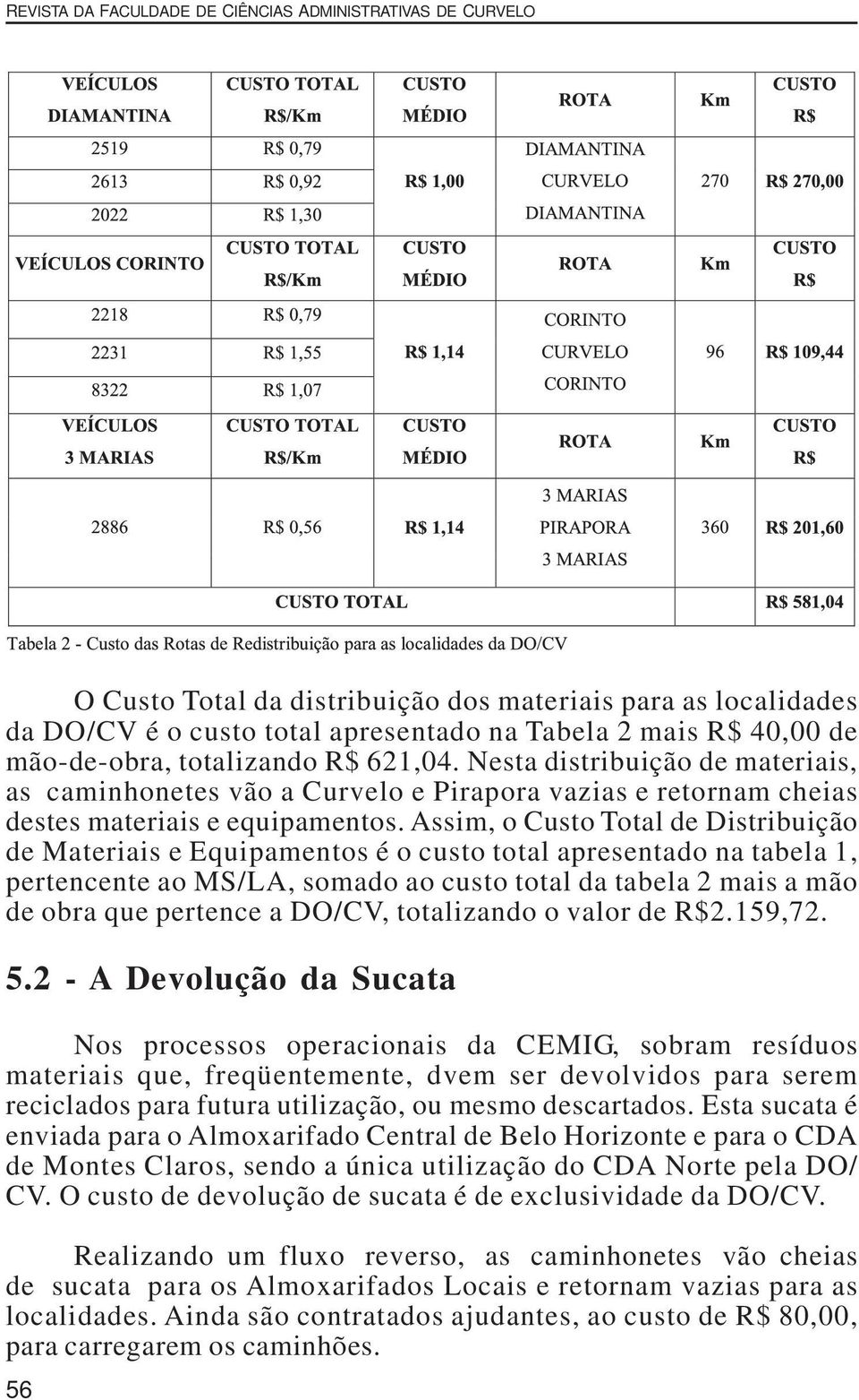 Assim, o Custo Total de Distribuição de Materiais e Equipamentos é o custo total apresentado na tabela 1, pertencente ao MS/LA, somado ao custo total da tabela 2 mais a mão de obra que pertence a