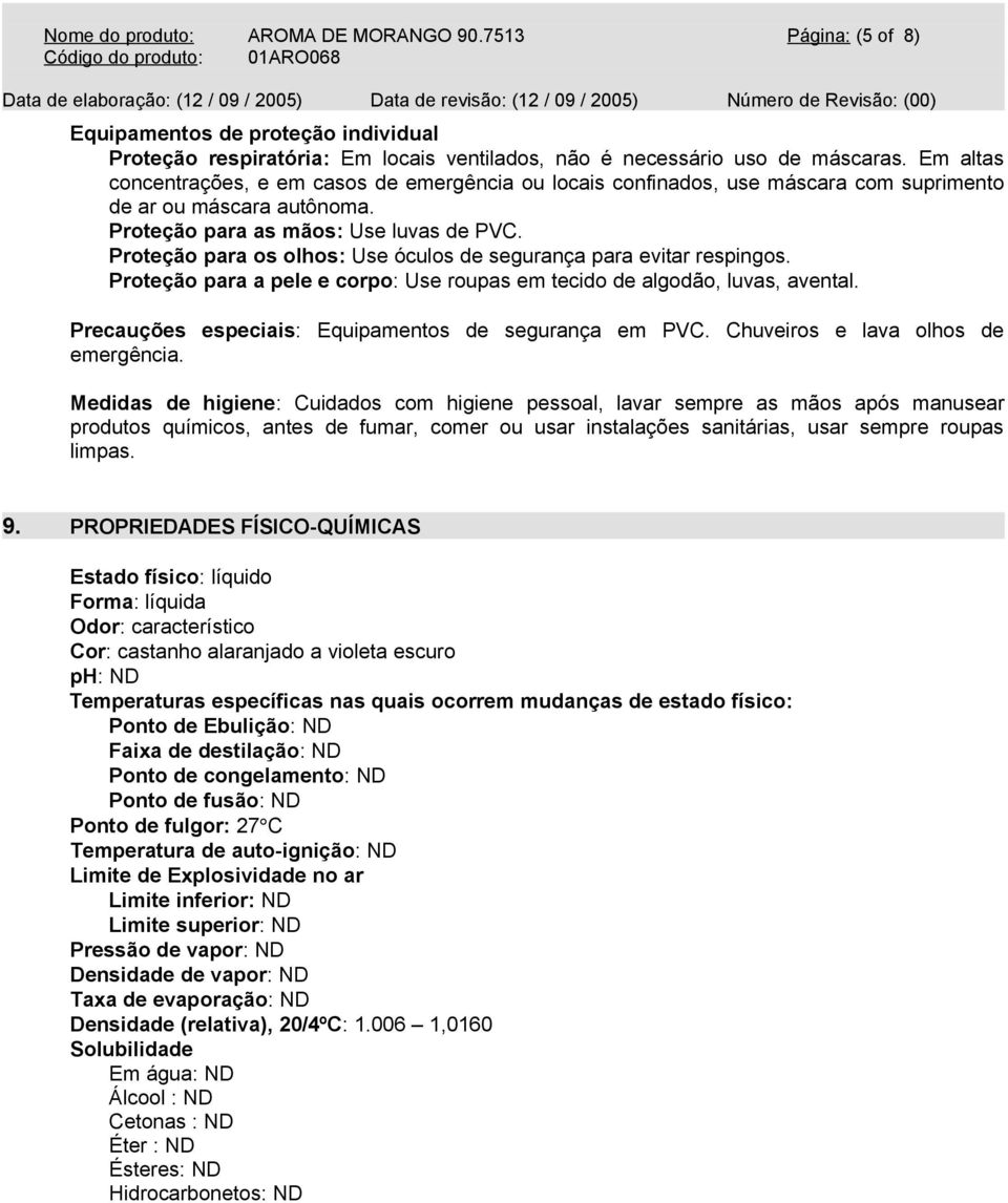 Proteção para os olhos: Use óculos de segurança para evitar respingos. Proteção para a pele e corpo: Use roupas em tecido de algodão, luvas, avental.