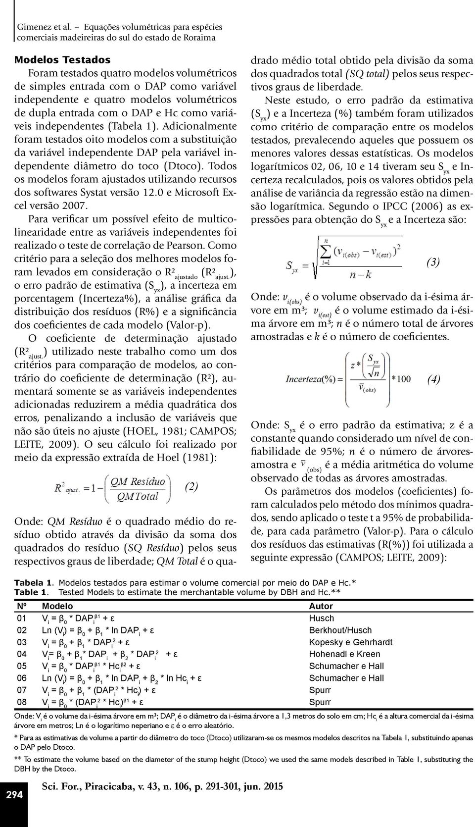 independente e quatro modelos volumétricos de dupla entrada com o DAP e Hc como variáveis independentes (Tabela 1).