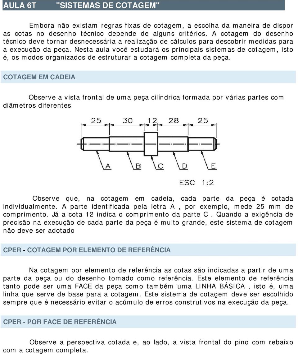 Nesta aula você estudará os principais sistemas de cotagem, isto é, os modos organizados de estruturar a cotagem completa da peça.