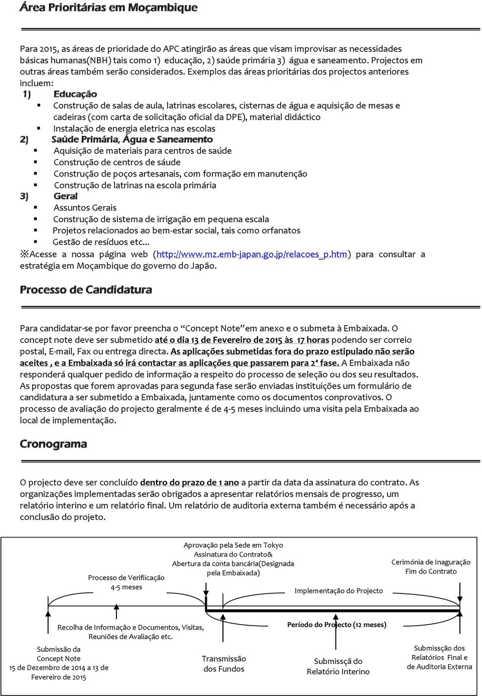 Exemplos das áreas prioritárias dos projectos anteriores incluem: 1) salas de aula, latrinas escolares, cisternas de água e aquisição de mesas e cadeiras (com carta de solicitação oficial da DPE),