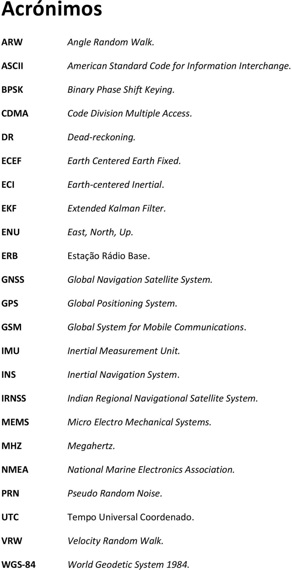 Global Navigation Satellite System. Global Positioning System. Global System for Mobile Communications. Inertial Measurement Unit. Inertial Navigation System.