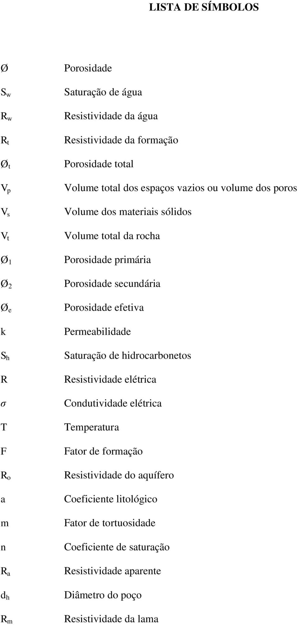 primária Porosidade secundária Porosidade efetiva Permeabilidade Saturação de hidrocarbonetos Resistividade elétrica Condutividade elétrica Temperatura Fator