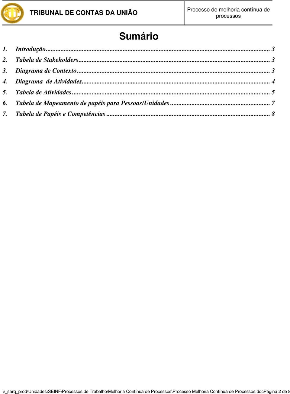 Tabela de Atividades... 5 6. Tabela de Mapeamento de papéis para Pessoas/Unidades... 7 7.