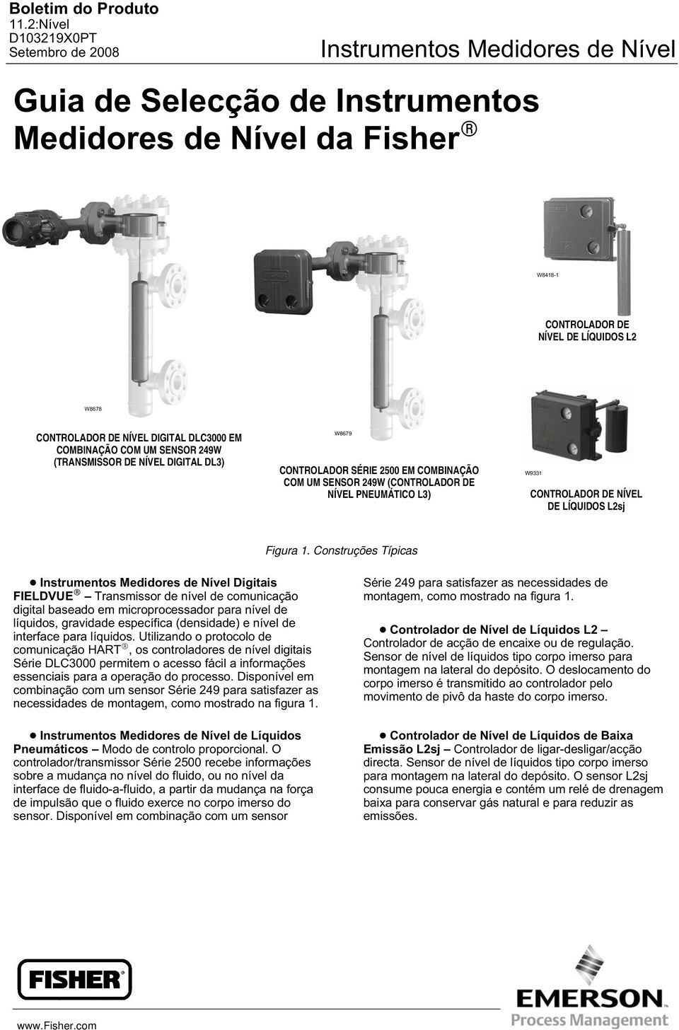 1. Construções Típicas Digitais FIELDVUE Transmissor de nível de comunicação digital baseado em microprocessador para nível de líquidos, gravidade específica (densidade) e nível de interface para