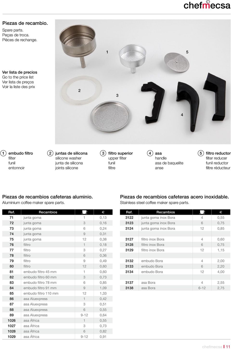 silicone 3 filtro superior upper filter funil filtre 4 asa handle asa de baquelite anse 5 filtro reductor filter reducer funil reductor filtre réducteur Piezas de recambios cafeteras aluminio.