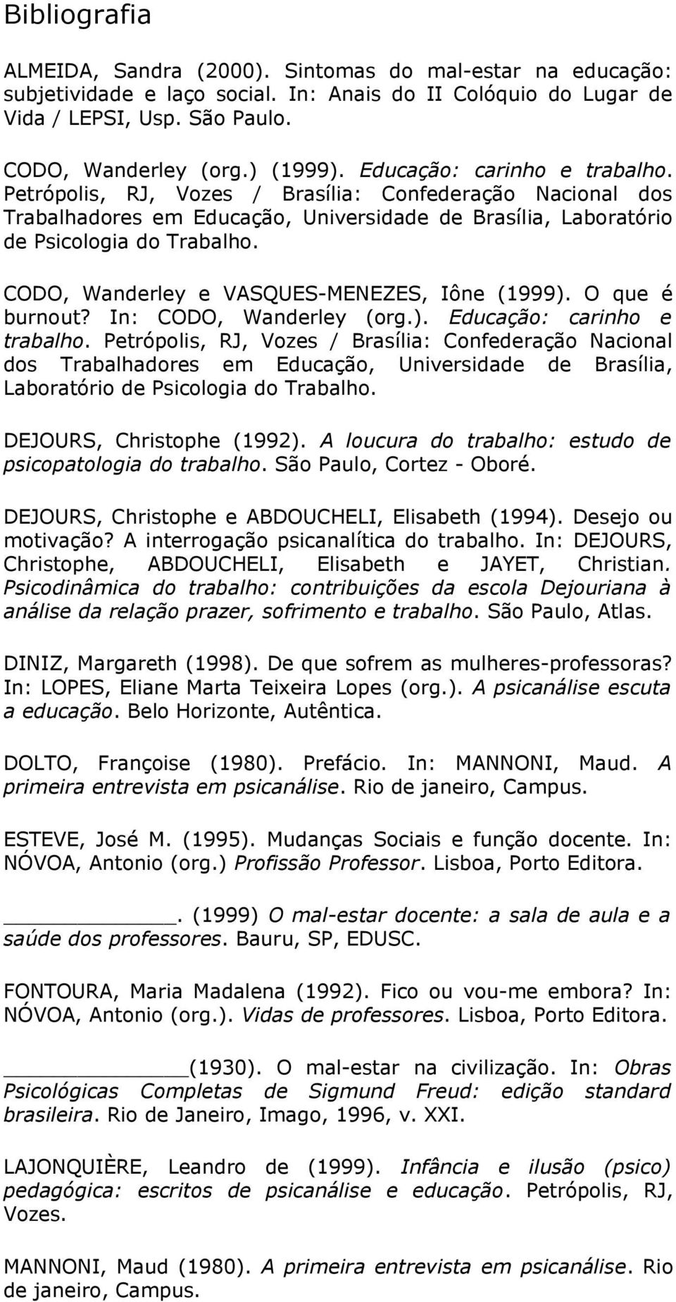 CODO, Wanderley e VASQUES-MENEZES, Iône (1999). O que é burnout? In: CODO, Wanderley (org.).  DEJOURS, Christophe (1992). A loucura do trabalho: estudo de psicopatologia do trabalho.