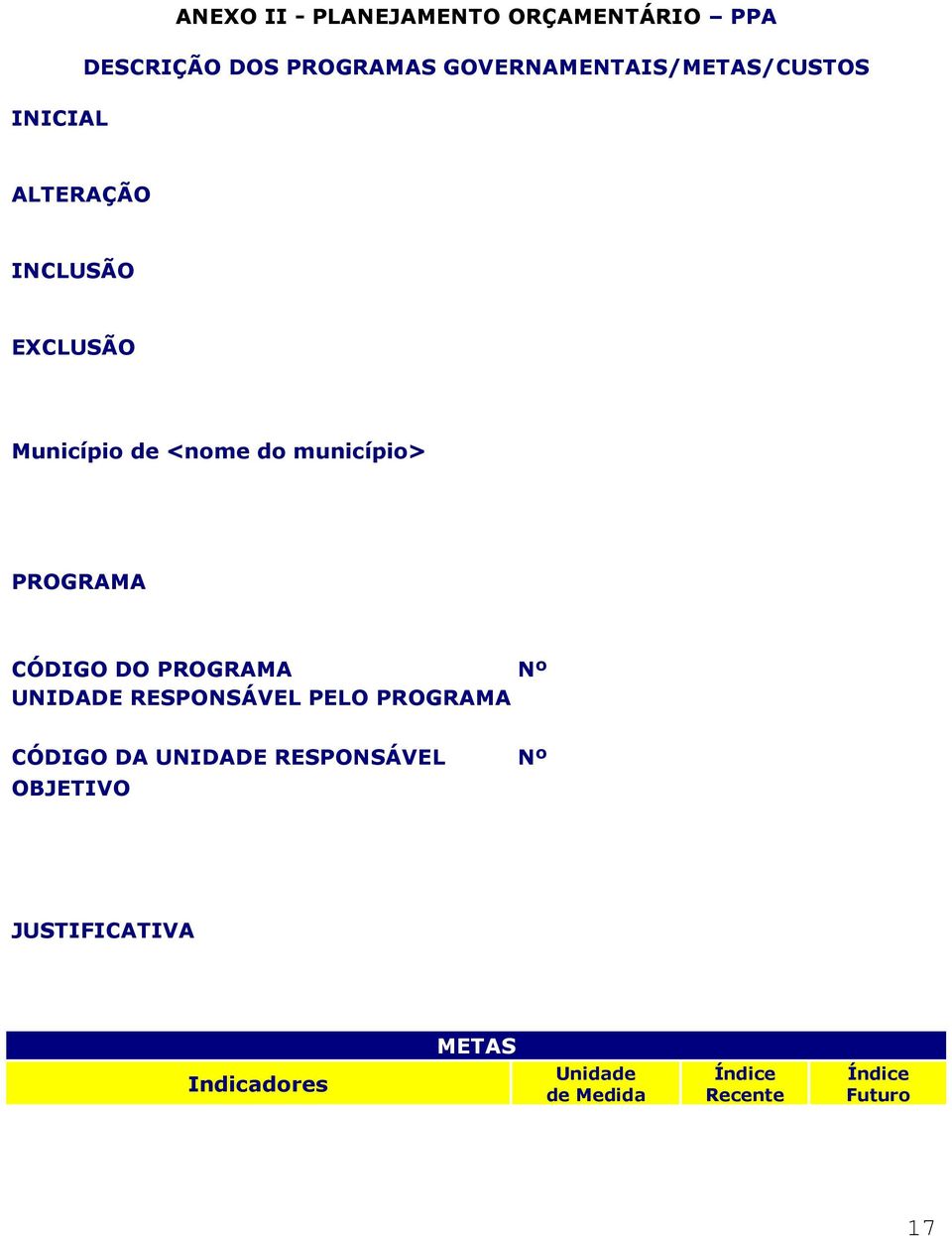 município> PROGRAMA CÓDIGO DO PROGRAMA Nº UNIDADE RESPONSÁVEL PELO PROGRAMA CÓDIGO DA