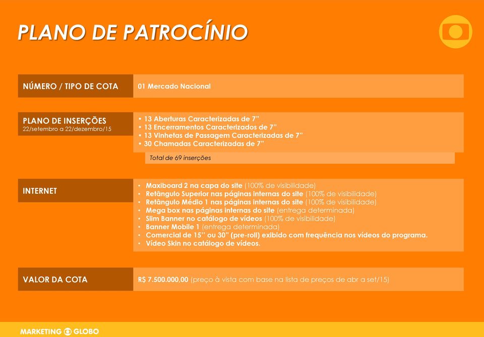 visibilidade) Retângulo Médio 1 nas páginas internas do site (100% de visibilidade) Mega box nas páginas internas do site (entrega determinada) Slim Banner no catálogo de vídeos (100% de