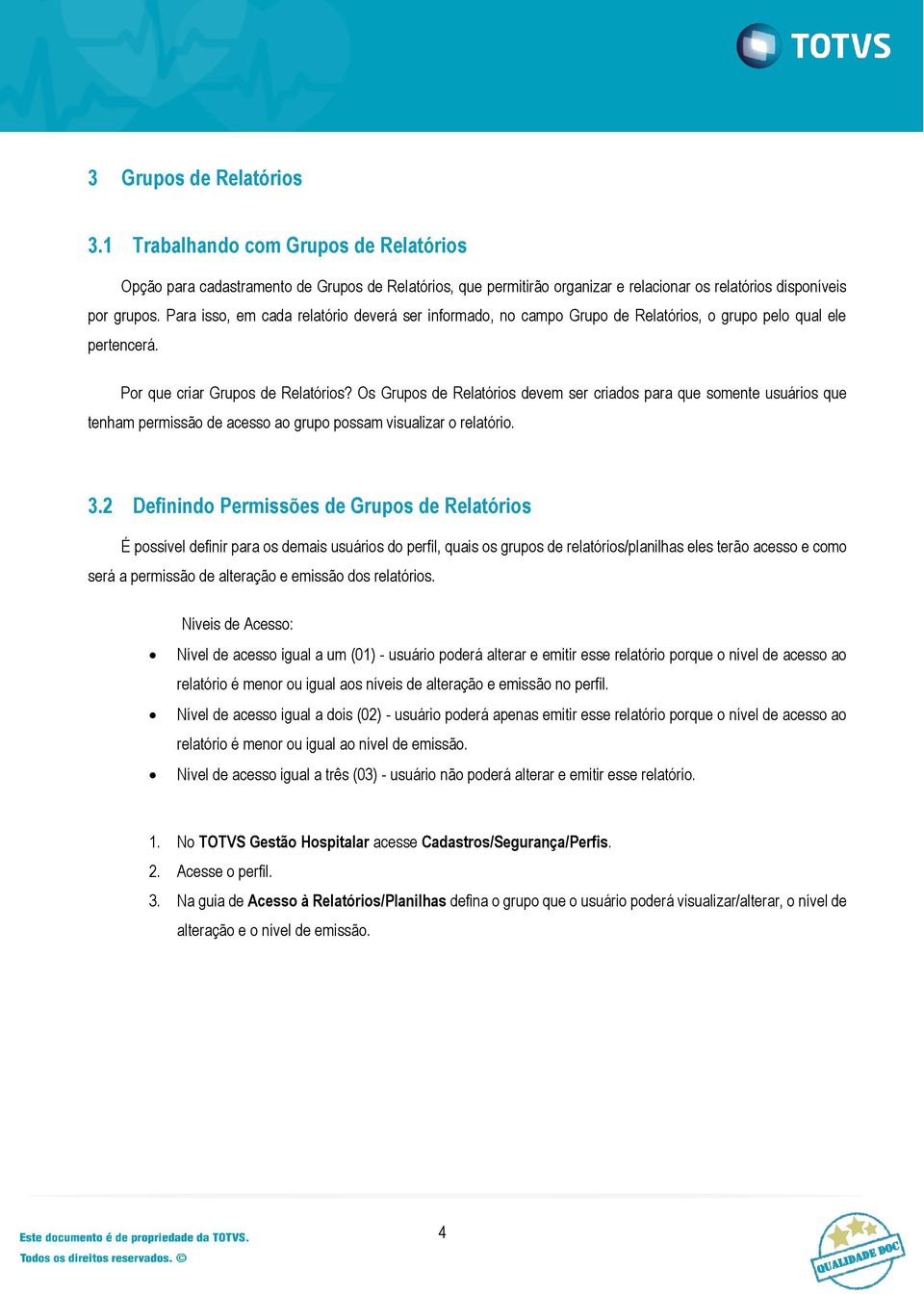 Os Grupos de Relatórios devem ser criados para que somente usuários que tenham permissão de acesso ao grupo possam visualizar o relatório. 3.