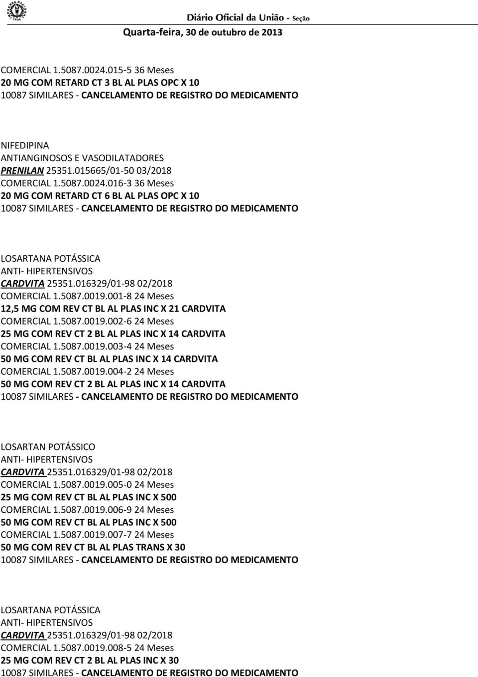 5087.0019.003-4 24 Meses 50 MG COM REV CT BL AL PLAS INC X 14 CARDVITA COMERCIAL 1.5087.0019.004-2 24 Meses 50 MG COM REV CT 2 BL AL PLAS INC X 14 CARDVITA LOSARTAN POTÁSSICO ANTI- HIPERTENSIVOS CARDVITA 25351.