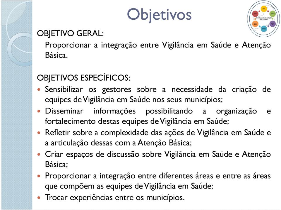 possibilitando a organização e fortalecimento destas equipes de Vigilância em Saúde; Refletir sobre a complexidade das ações de Vigilância em Saúde e a articulação