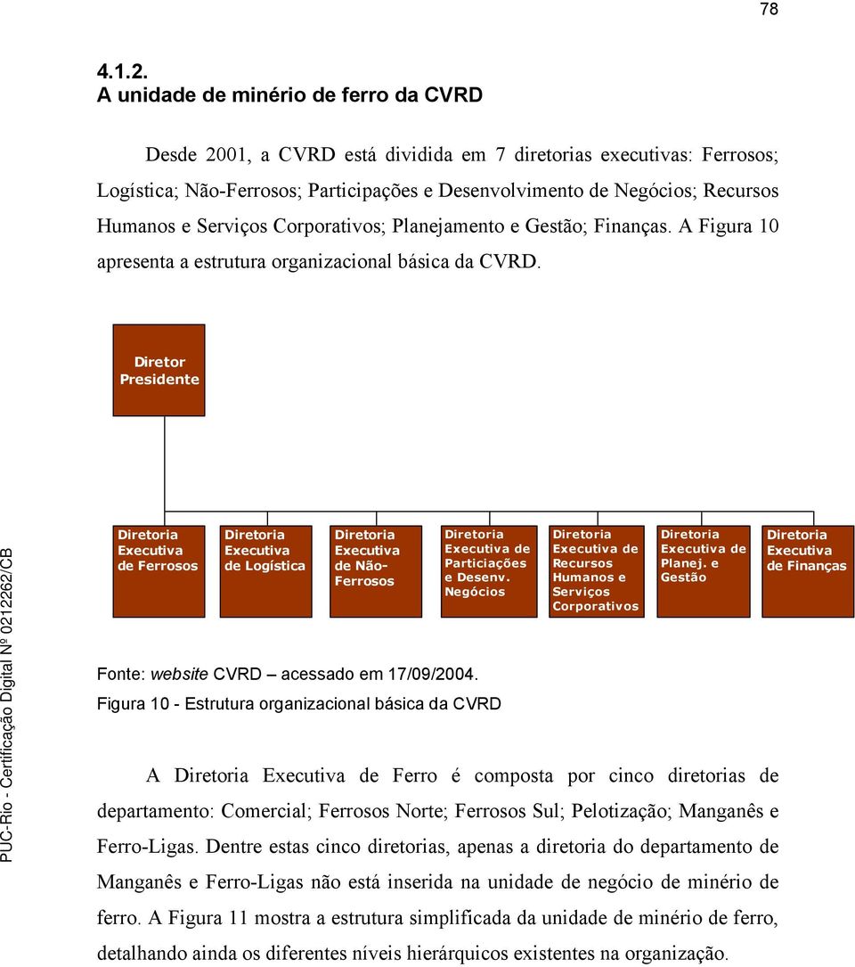 Serviços Corporativos; Planejamento e Gestão; Finanças. A Figura 10 apresenta a estrutura organizacional básica da CVRD.