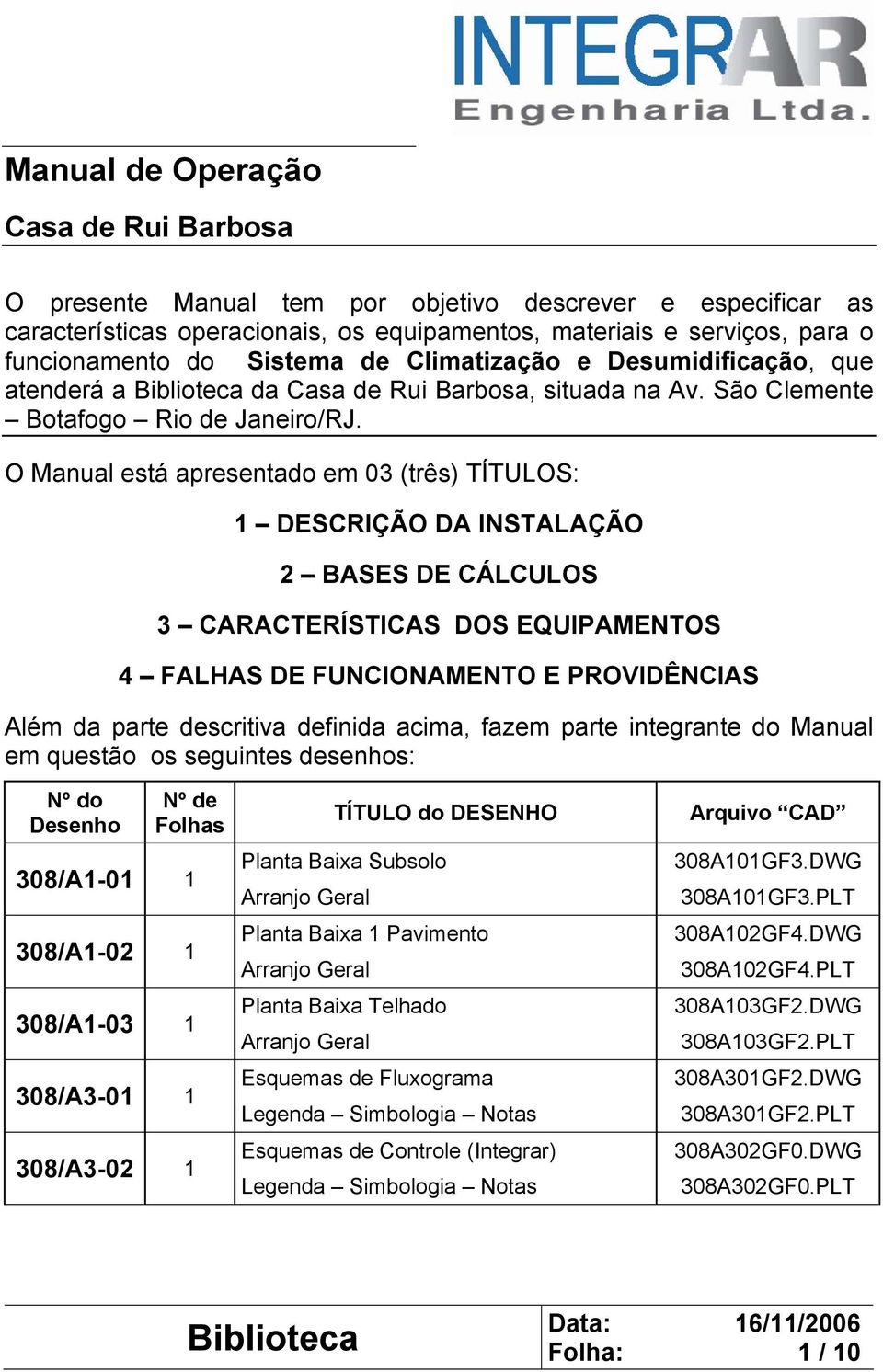 O Manual está apresentado em 03 (três) TÍTULOS: 1 DESCRIÇÃO DA INSTALAÇÃO 2 BASES DE CÁLCULOS 3 CARACTERÍSTICAS DOS EQUIPAMENTOS 4 FALHAS DE FUNCIONAMENTO E PROVIDÊNCIAS Além da parte descritiva