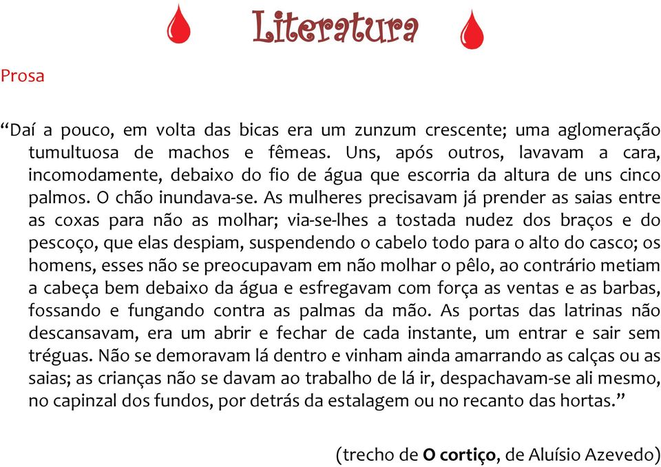 As mulheres precisavam já prender as saias entre as coxas para não as molhar; via-se-lhes a tostada nudez dos braços e do pescoço, que elas despiam, suspendendo o cabelo todo para o alto do casco; os