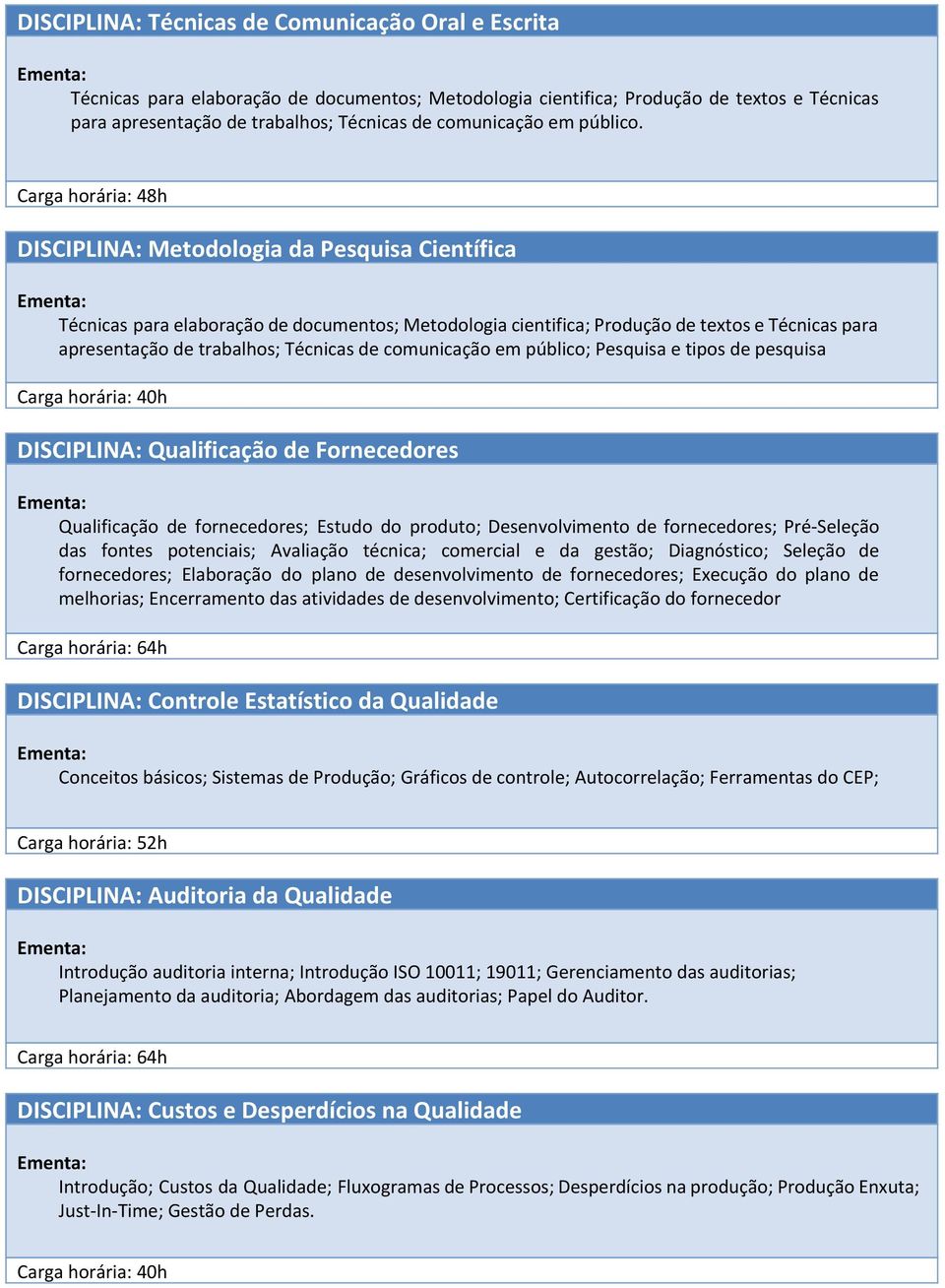 DISCIPLINA: Metodologia da Pesquisa Científica Técnicas para elaboração de documentos; Metodologia cientifica; Produção de textos e Técnicas para apresentação de trabalhos; Técnicas de comunicação em