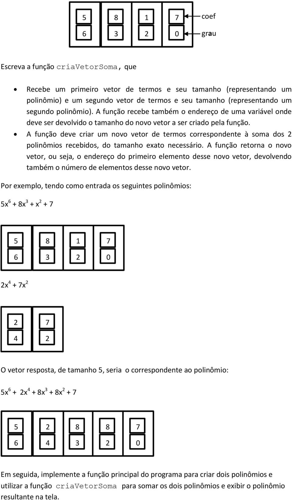 A função deve criar um novo vetor de termos correspondente à soma dos polinômios recebidos, do tamanho exato necessário.