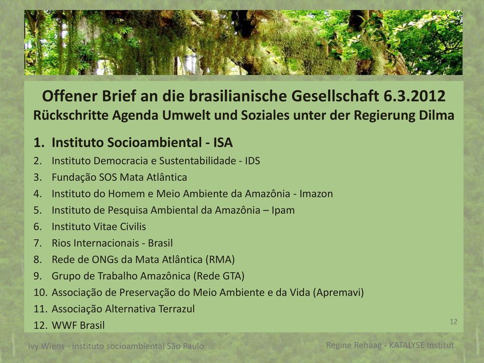Instituto do Homem e Meio Ambiente da Amazônia - Imazon 5. Instituto de Pesquisa Ambiental da Amazônia Ipam 6. Instituto Vitae Civilis 7.