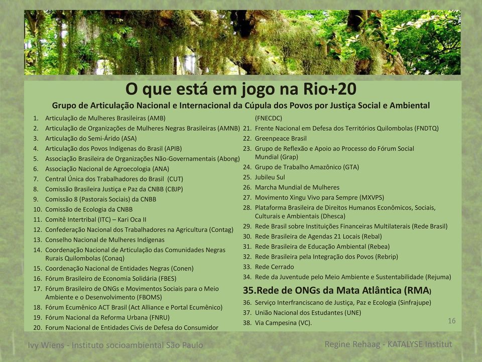 Associação Brasileira de Organizações Não-Governamentais (Abong) 6. Associação Nacional de Agroecologia (ANA) 7. Central Única dos Trabalhadores do Brasil (CUT) 8.