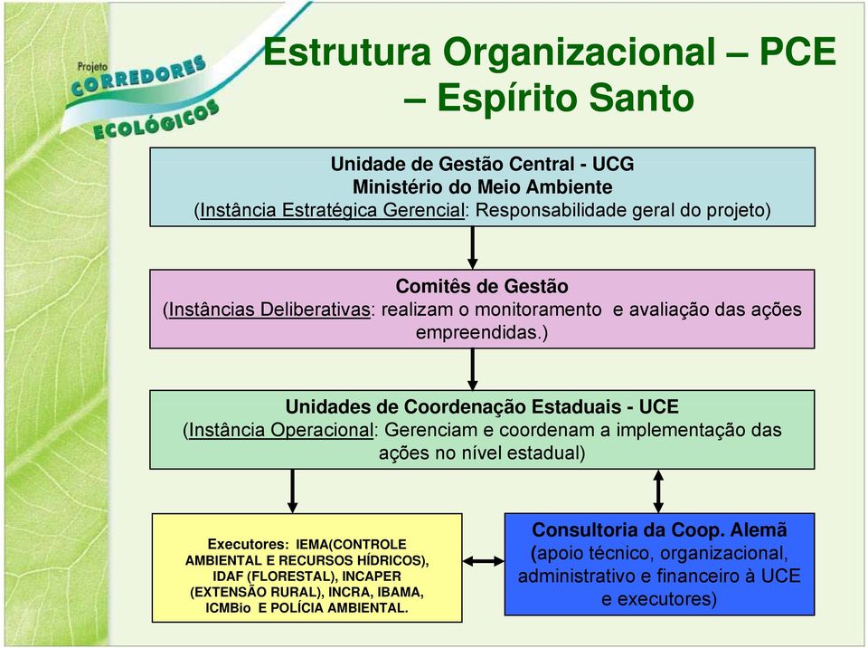 ) Unidades de Coordenação Estaduais - UCE (Instância Operacional: Gerenciam e coordenam a implementação das ações no nível estadual) Executores: IEMA(CONTROLE