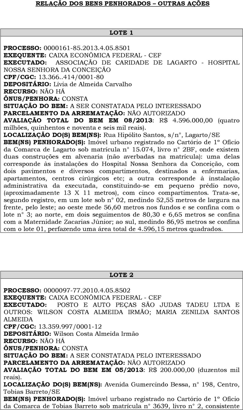 LOCALIZAÇÃO DO(S) BEM(NS): Rua Hipólito Santos, s/n, Lagarto/SE BEM(NS) PENHORADO(S): Imóvel urbano registrado no Cartório de 1º Ofício da Comarca de Lagarto sob matrícula n 15.