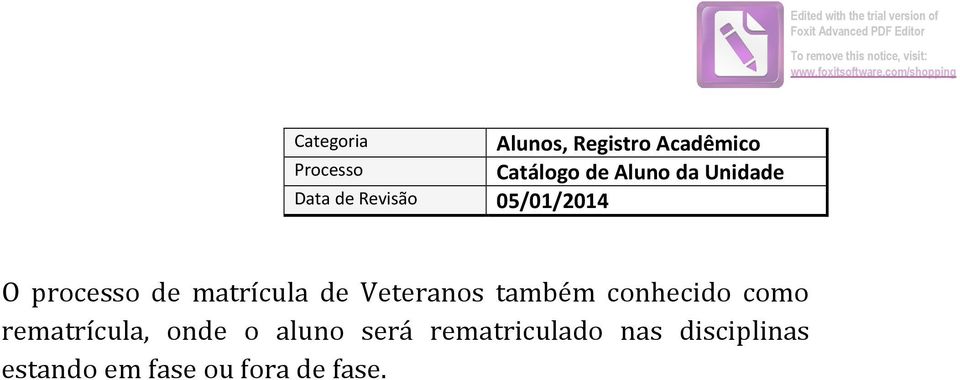 com/shopping Categoria Processo Data de Revisão 05/01/2014 Alunos, Registro Acadêmico
