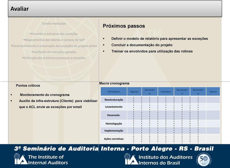 Treinar os envolvidos para utilização das rotinas Pontos críticos Monitoramento do cronograma Auxílio da infra-estrutura (Cliente) para viabilizar Macro cronograma