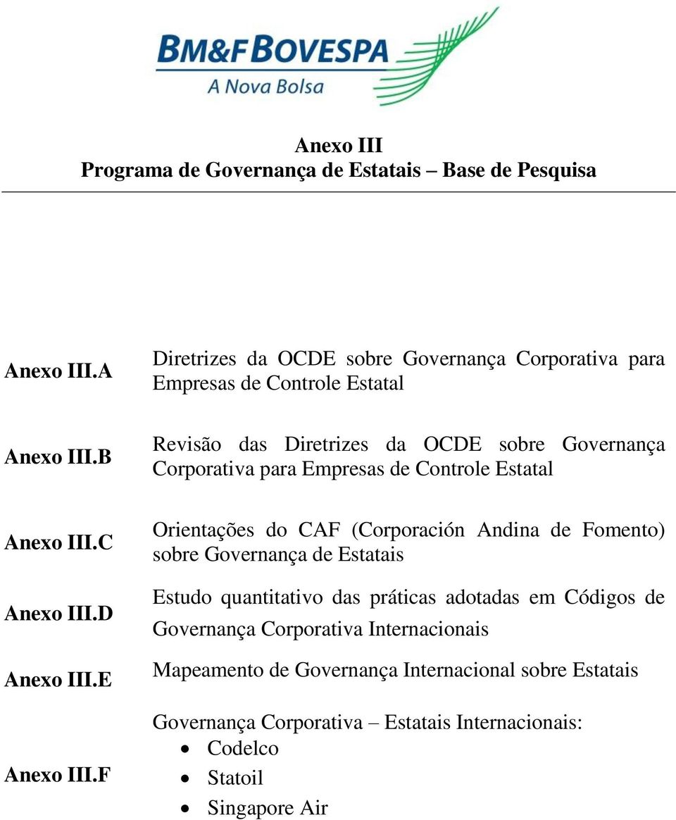 B Revisão das Diretrizes da OCDE sobre Governança Corporativa para Empresas de Controle Estatal Anexo III.C Anexo III.D Anexo III.E Anexo III.
