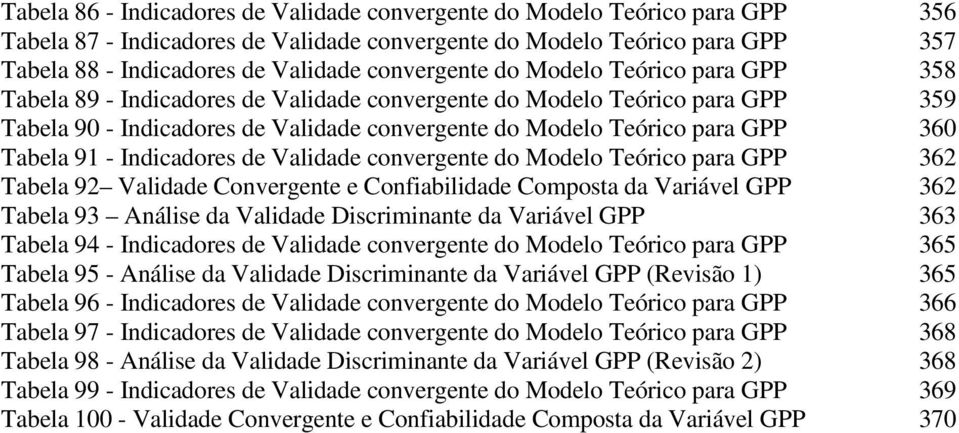360 Tabela 91 - Indicadores de Validade convergente do Modelo Teórico para GPP 362 Tabela 92 Validade Convergente e Confiabilidade Composta da Variável GPP 362 Tabela 93 Análise da Validade