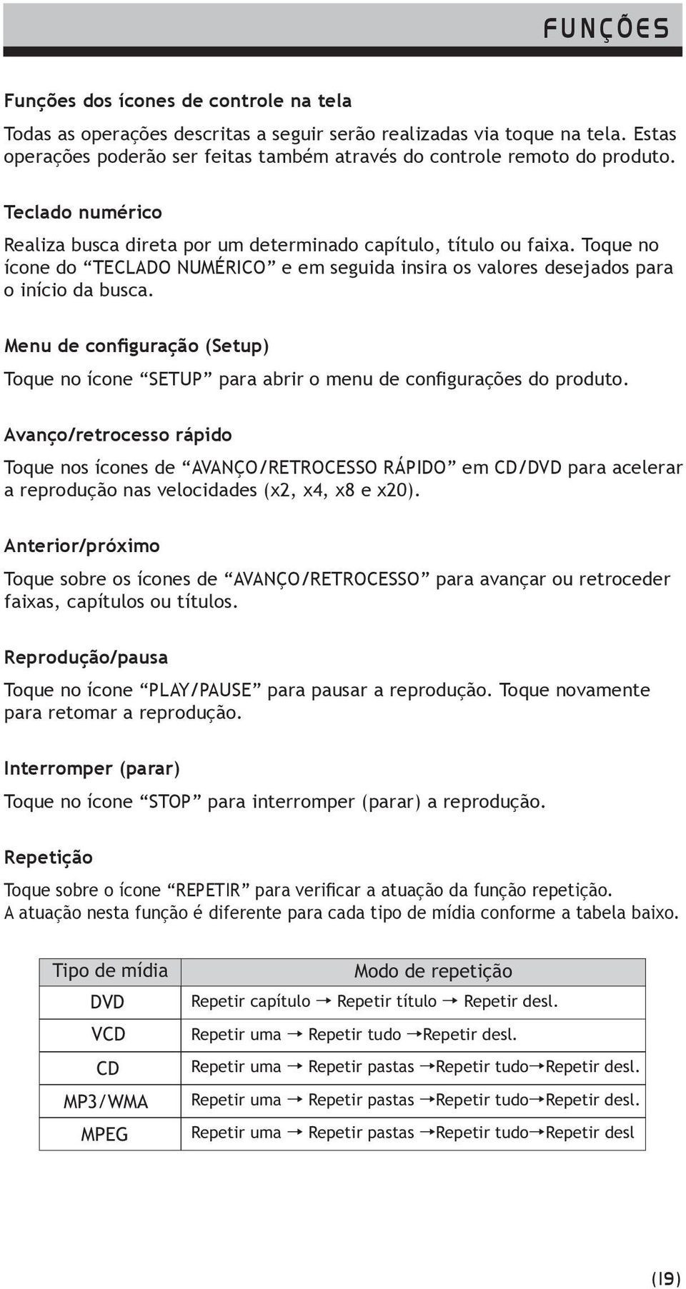 Toque no ícone do TECLADO NUMÉRICO e em seguida insira os valores desejados para o início da busca. Menu de configuração (Setup) Toque no ícone SETUP para abrir o menu de configurações do produto.