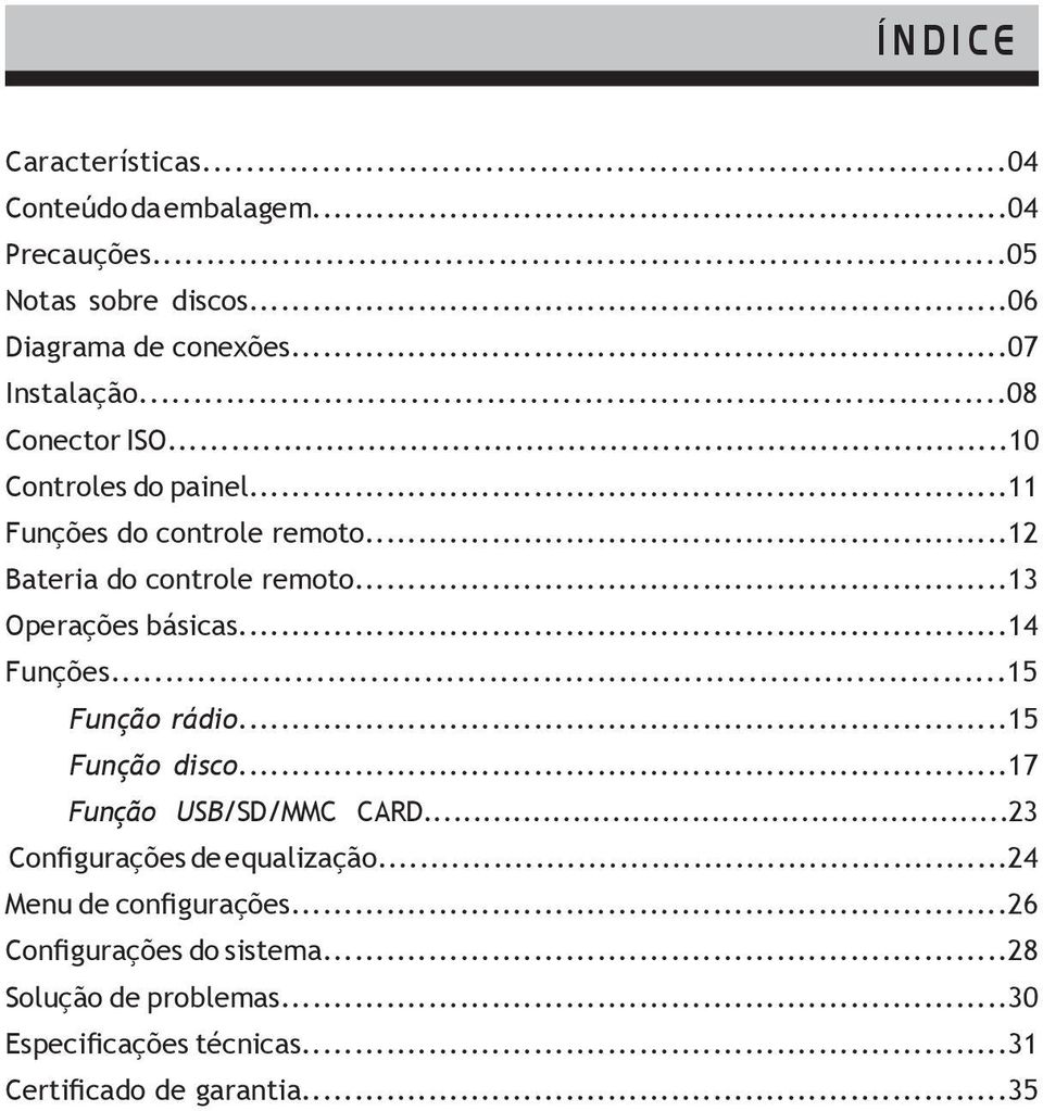 ..13 Operações básicas...14 Funções...15 Função rádio...15 Função disco...17 Função USBSDMMC CARD...23 Configurações de equalização.