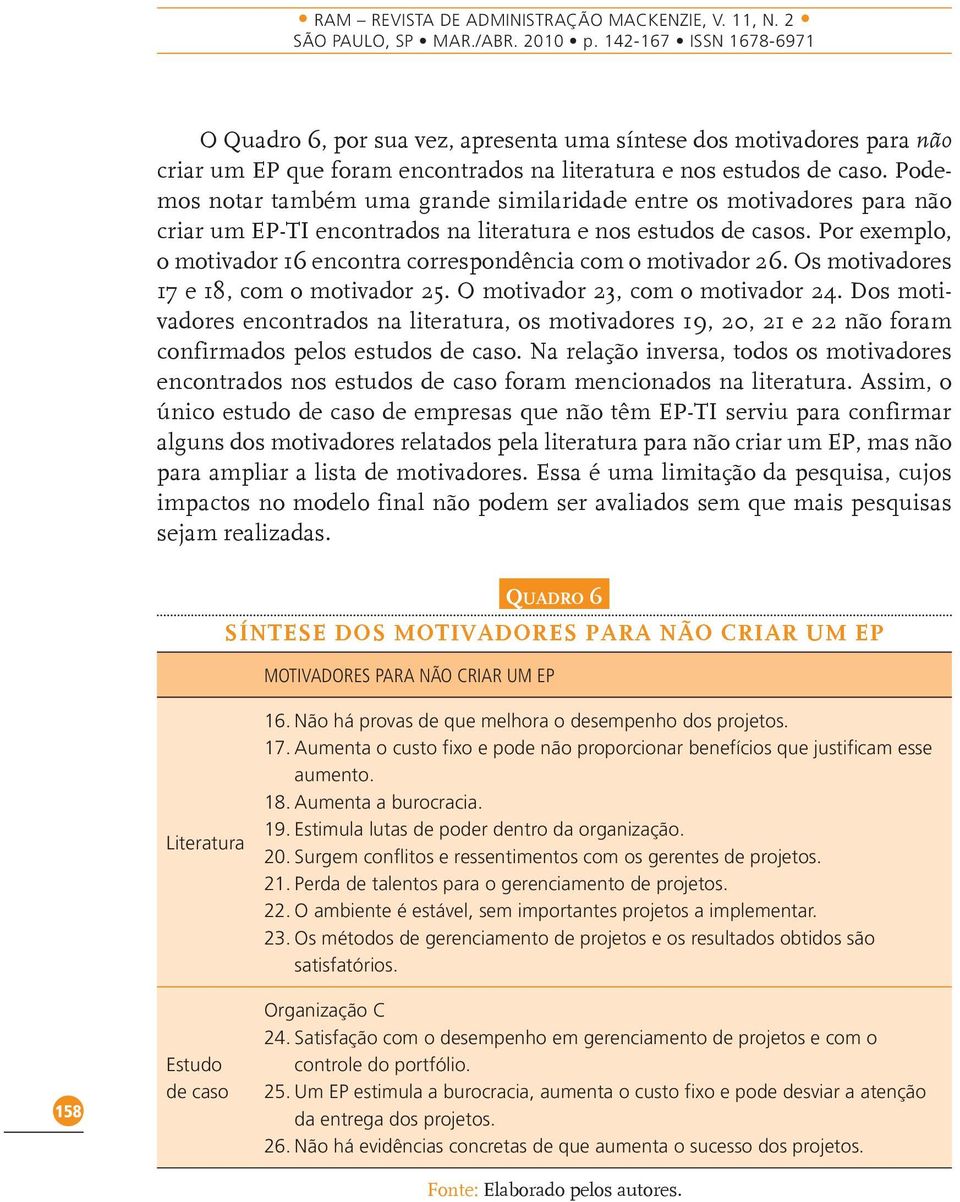 Por exemplo, o motivador 16 encontra correspondência com o motivador 26. Os motivadores 17 e 18, com o motivador 25. O motivador 23, com o motivador 24.