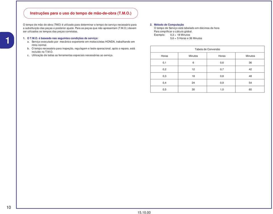 Serviço executado por mecânico experiente em motocicletas HONDA, trabalhando em ritmo normal. b. O tempo necessário para inspeção, regulagem e teste operacional, após o reparo, está incluido no T.M.O. c.