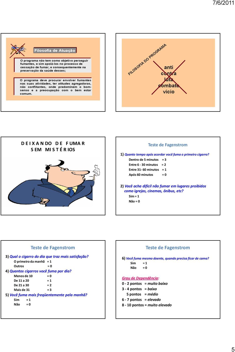 FILOSOFIA DO PROGRAMA anti contra luta combate vício D E I X A N DO D E F UMA R S EM MI S T É R IOS Teste de Fagenstrom 1) Quanto tempo após acordar você fuma o primeiro cigarro?