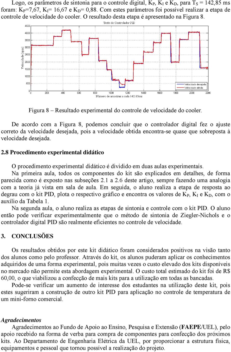 Figura 8 Resultado experimental do controle de velocidade do cooler.