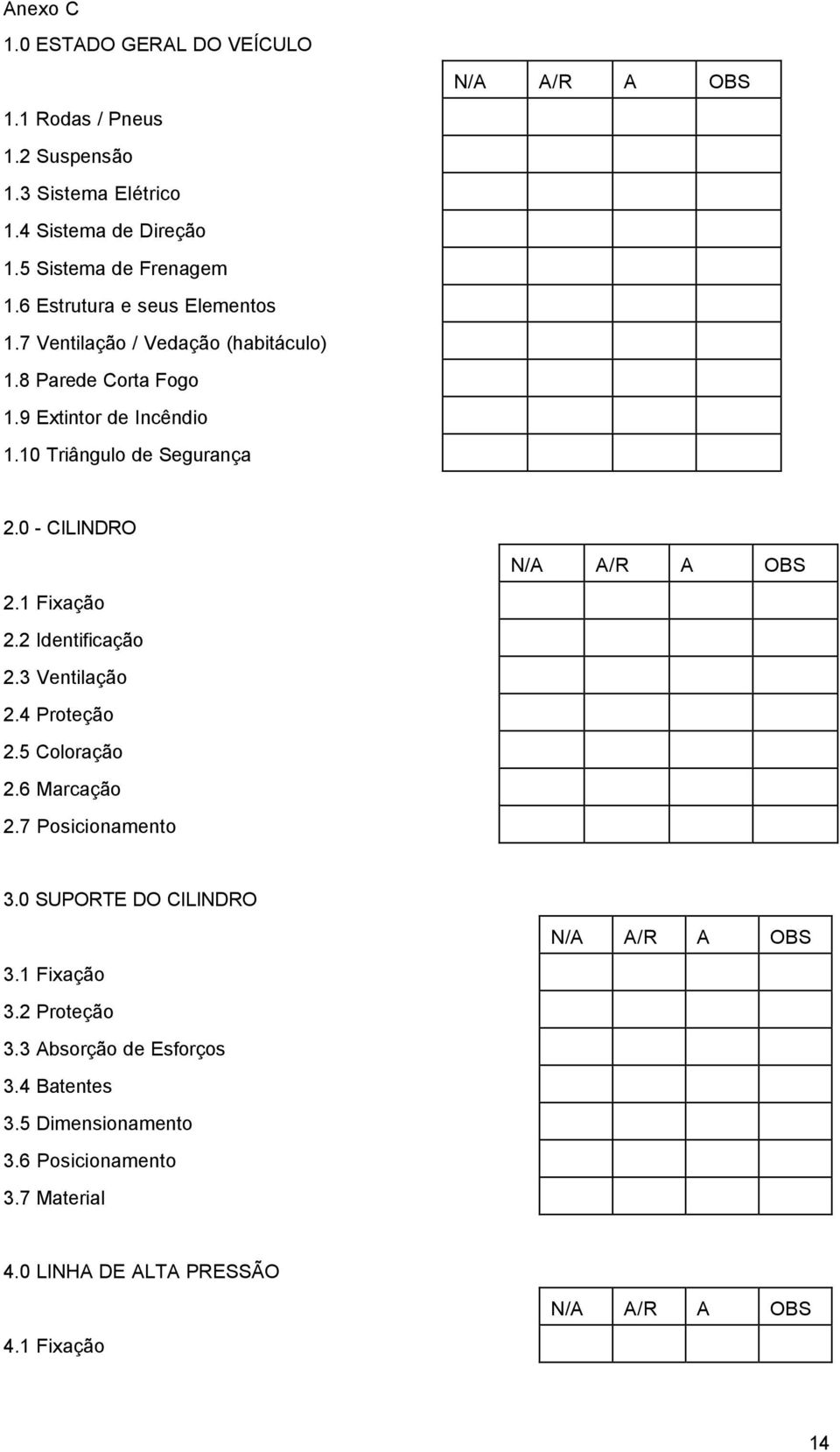 0 - CILINDRO N/A A/R A OBS 2.1 Fixação 2.2 Identificação 2.3 Ventilação 2.4 Proteção 2.5 Coloração 2.6 Marcação 2.7 Posicionamento 3.