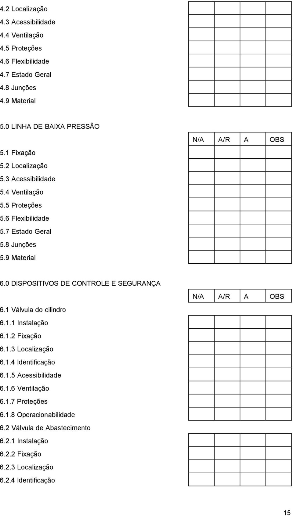 8 Junções 5.9 Material 6.0 DISPOSITIVOS DE CONTROLE E SEGURANÇA N/A A/R A OBS 6.1 Válvula do cilindro 6.1.1 Instalação 6.1.2 Fixação 6.1.3 Localização 6.1.4 Identificação 6.