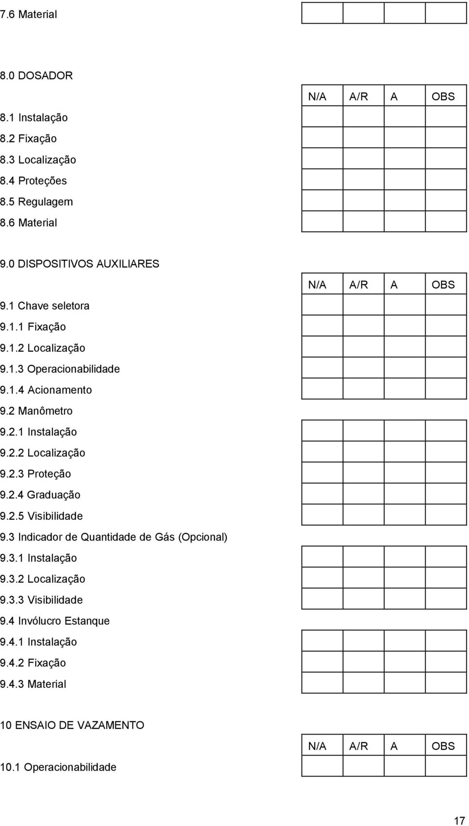 2 Manômetro 9.2.1 Instalação 9.2.2 Localização 9.2.3 Proteção 9.2.4 Graduação 9.2.5 Visibilidade 9.3 Indicador de Quantidade de Gás (Opcional) 9.3.1 Instalação 9.3.2 Localização 9.3.3 Visibilidade 9.